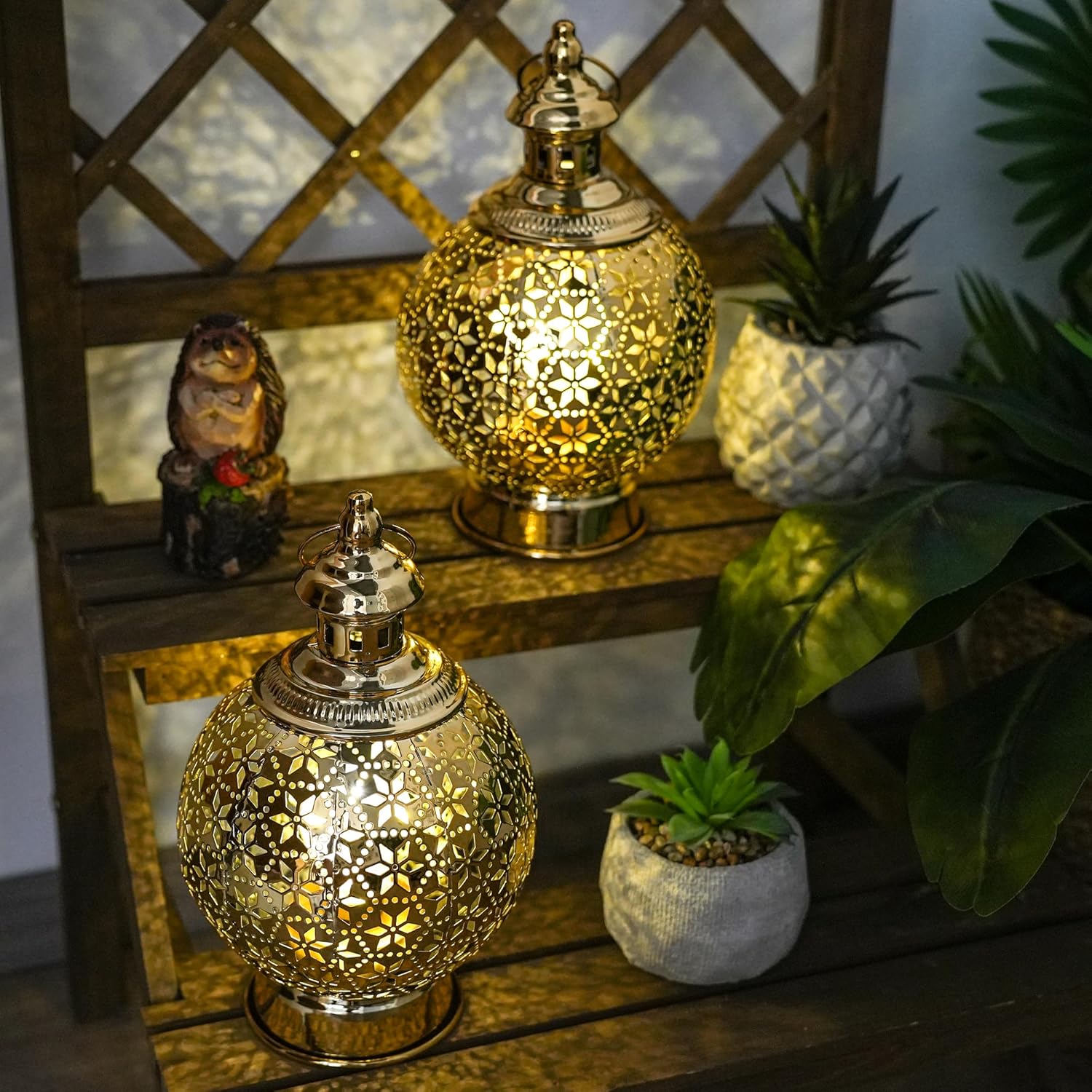 TRIROCKS Ramadan Lanterns Set of 2 10" Gold Electric Candle Holders with Timer, Metal Decorative Vintage Lanterns for Indoor/Outdoor Decor, Perfect EID Mubarak Gift