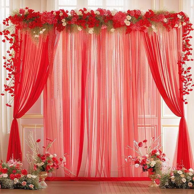 10x10ft Red Tulle Backdrop Curtain for Parites, Sheer Backdrop Curtains for Wedding Baby Shower Birthday Party Photo Shoot Decorations