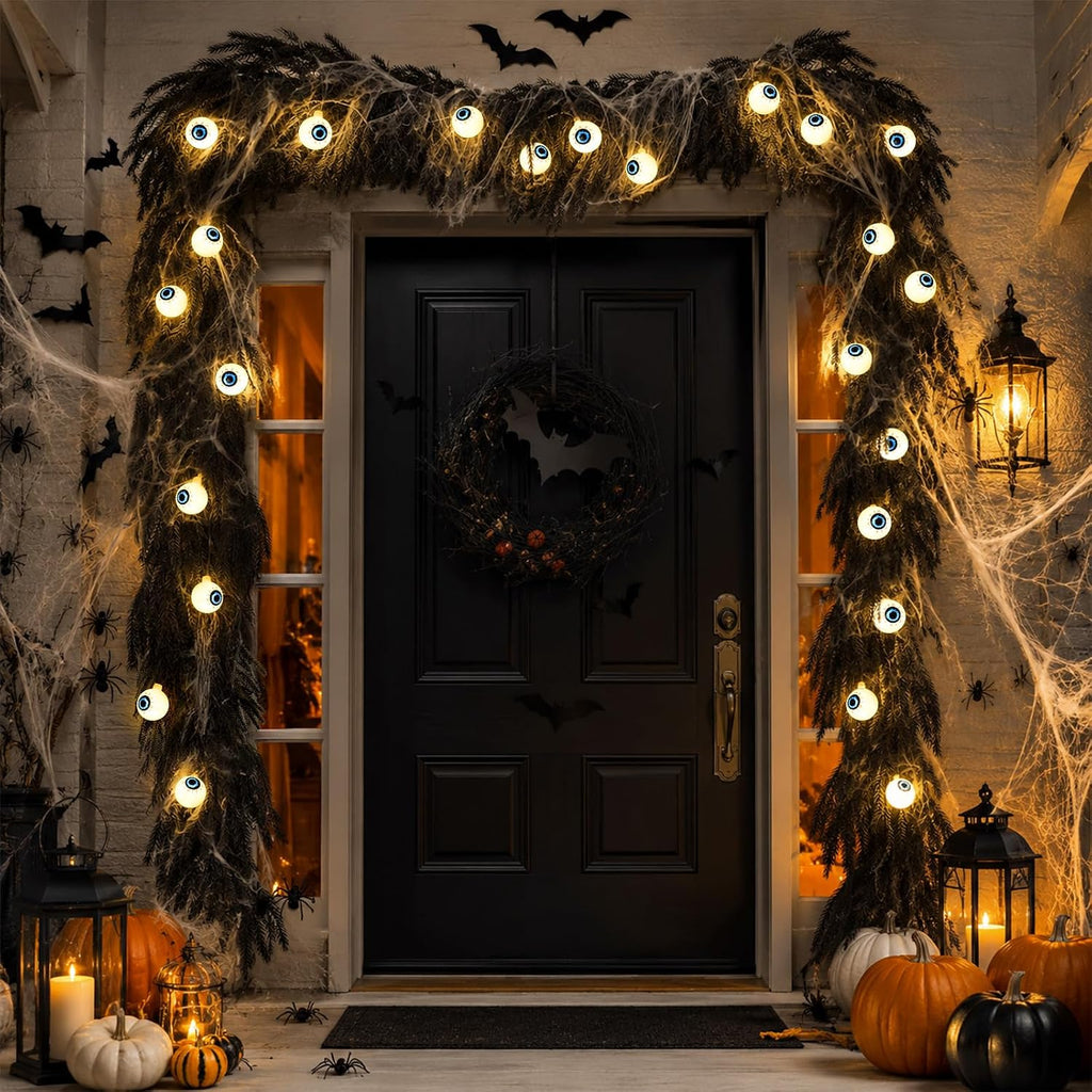 9ft black halloween garland with eyeball string light, main product view