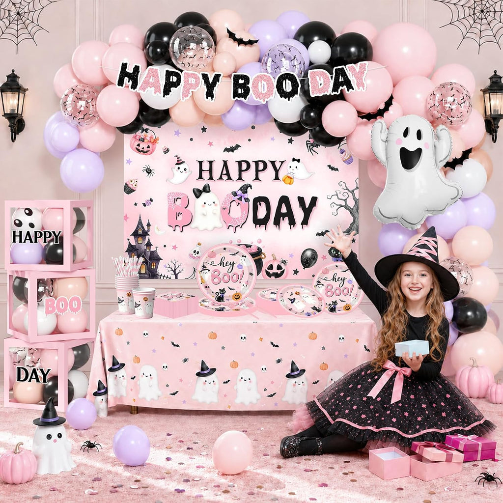 pink halloween party decorations kit halloween happy boo shown in use