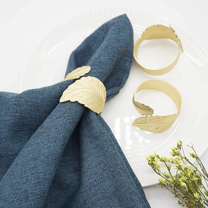 Gold Leaf Napkin Rings Set of 6, Leaves Napkin Rings for Table Setting, Metal Leaf Napkin Holder Rings for Holiday Party,Wedding, Banquet, Formal or Casual Dinning Table Decor (Gold)