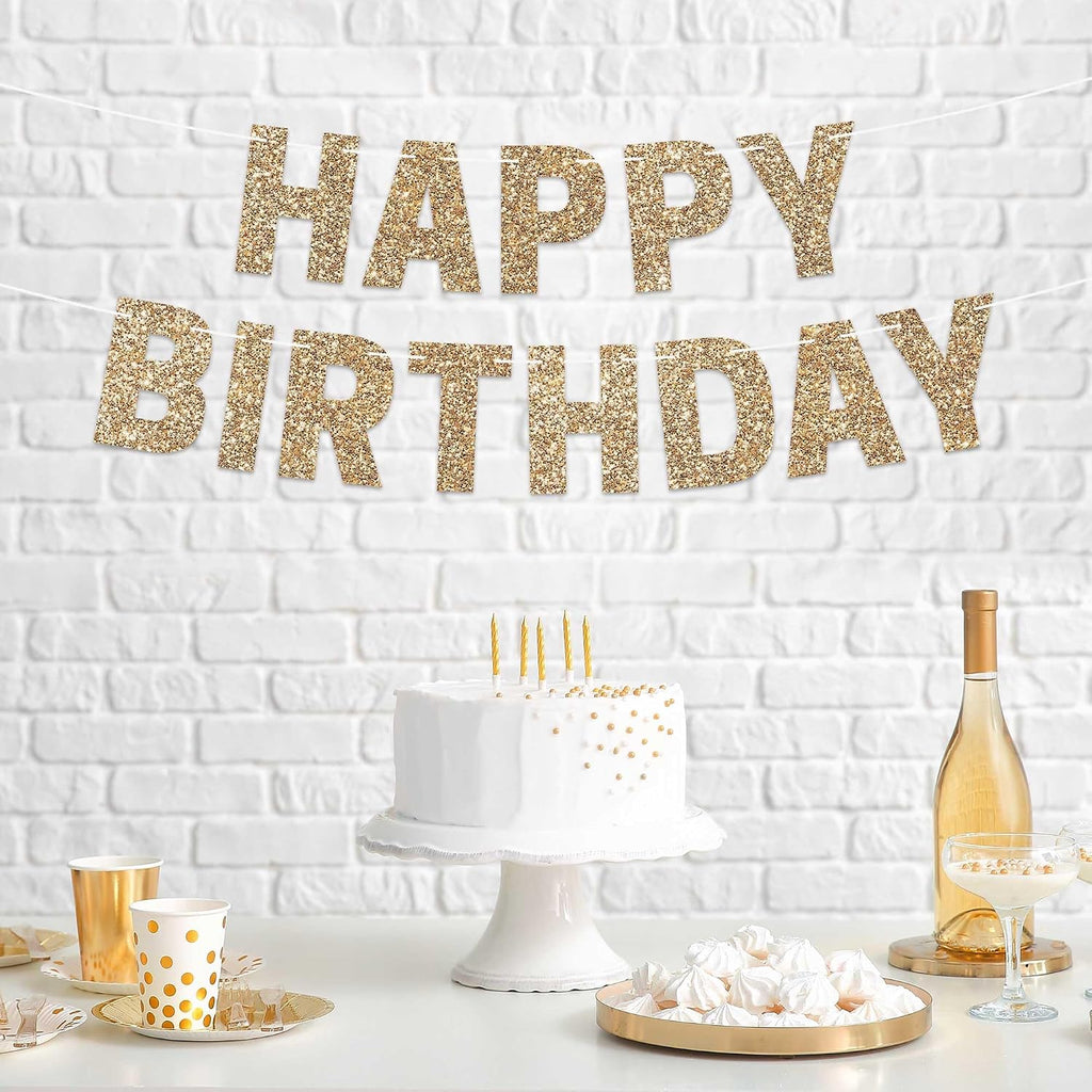 Pre-Strung Happy Birthday Banner - Gold Glitter Birthday Party Banner | No DIY - Pre-Strung on 8 ft Strands - Gold Glitter Bday Party Decorations & Decor for Men & Women