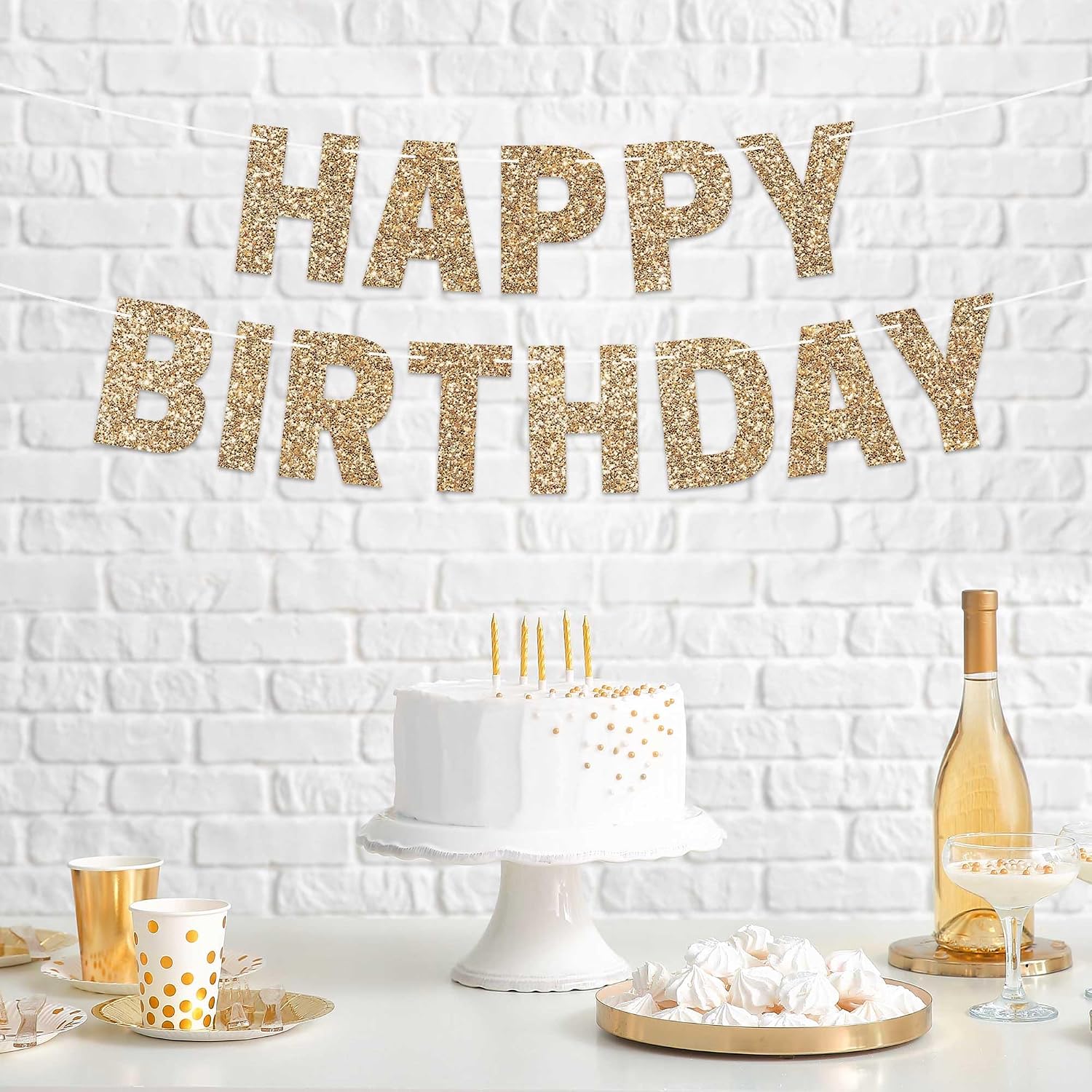 Pre-Strung Happy Birthday Banner - Gold Glitter Birthday Party Banner | No DIY - Pre-Strung on 8 ft Strands - Gold Glitter Bday Party Decorations & Decor for Men & Women