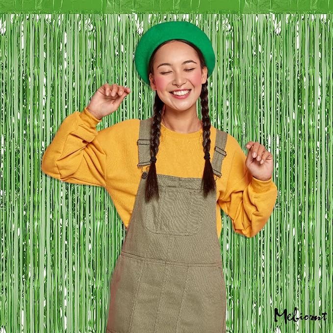 4 Pack Fringe Curtain Backdrop, 3.2Ft x 6.6Ft Light Green Metallic Tinsel Foil Fringe Streamers Background for Photo Booth Birthday Wedding Baby Shower Carnival Easter Mother’s Day Party Decorations