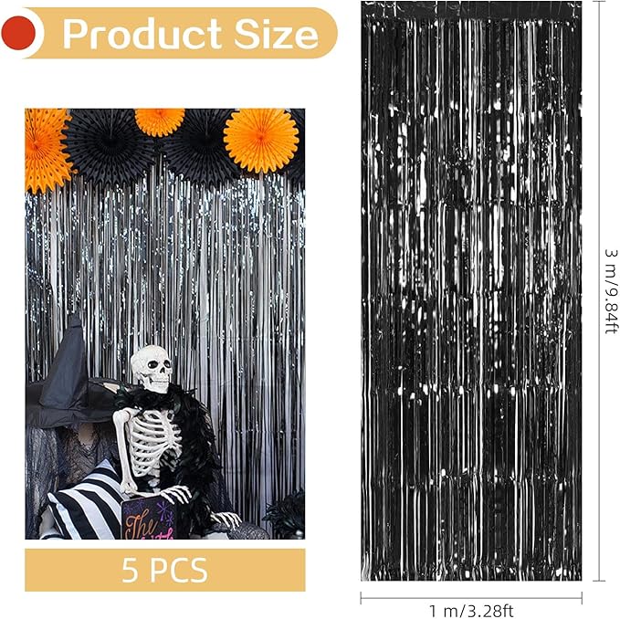 5 Pack Black Foil Curtain Backdrop 3.2ft x 9.8ft Metallic Tinsel Foil Fringe Curtains Streamer Photo Booth Backdrop for Birthday Party Engagement Bachelorette Party Decorations (Black)