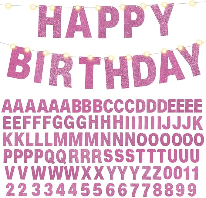 TaoBary 112 Pcs DIY Letter Kit Glitter Customizable Banner Letters Include 107 Letters and Numbers 3 Rope and 2 Needles for Birthday Halloween Christmas Wedding Valentine Party Decor(Pink)