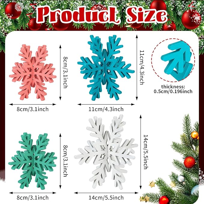 Bucherry 12 Pcs Wooden Snowflake Table Decor 3D Snowflake Tabletop Signs and Centerpiece for Christmas Xmas Winter Wonderland Decorations Home Party(Pink, Green, Blue, White)