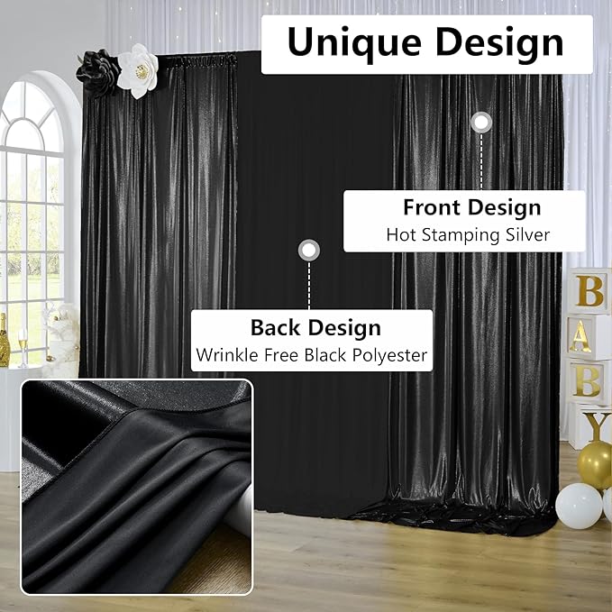 10x10 ft Wrinkle Free Black Sequin Backdrop Curtain for Parties,Thick Not Fall Glitter Wedding Drapes Backdrop,2 Panels 5x10ft Shimmer Photo Wall Back Drop Cloth for Birthday Photography Background