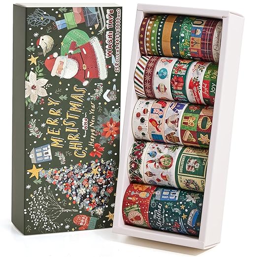 25 Rolls Christmas Gift Washi Tape Set, Festivals New Year Decorative Tapes for Scrapbooking, Junk Journal supplies, DIY Crafts Gift, Party Decorations, Bullet Journaling, 5-50mm Wide 9.84ft long/Roll
