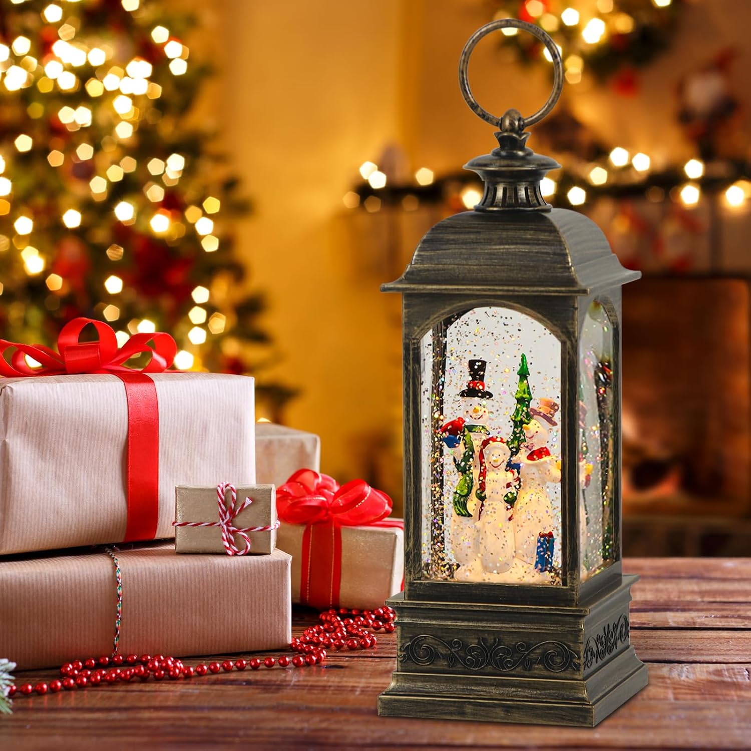 Christmas Snow Globe Swirling Glittering Snowman Scene with Timer & Music, Lighted Water Lantern USB Lined/Battery Operated for Christmas Festival Decoration Gifts - 11.4 inch