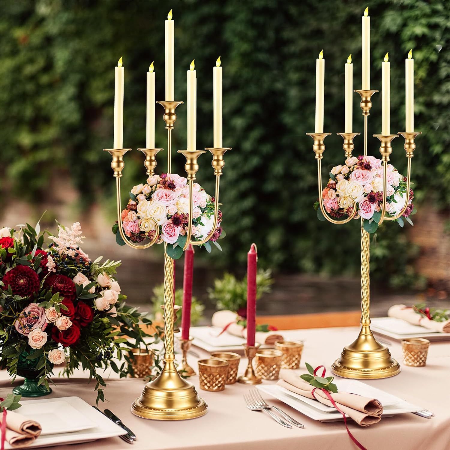 Rtteri 10 Pcs Gold Candelabra Candlestick Holder Metal Candle Stand Candelabra for Taper Candles Table Centerpieces Wedding Christmas Holiday Birthday Party (12.2 x 12.2 x 26.4 Inch,5 Arm)