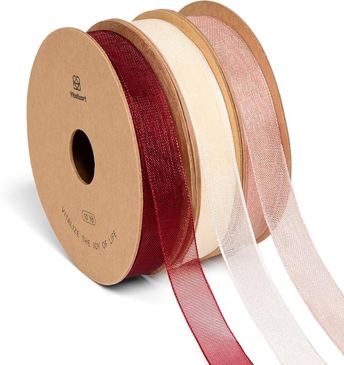 Vitalizart 3/8" x 30Yd Organza Ribbon Red Pink White Sheer Ribbons Set 10 Yd x 3 Rolls Handmade Eco-Friendly for Gift Wrapping Christmas Tree Crafts Bows Wedding Invitations Wreaths