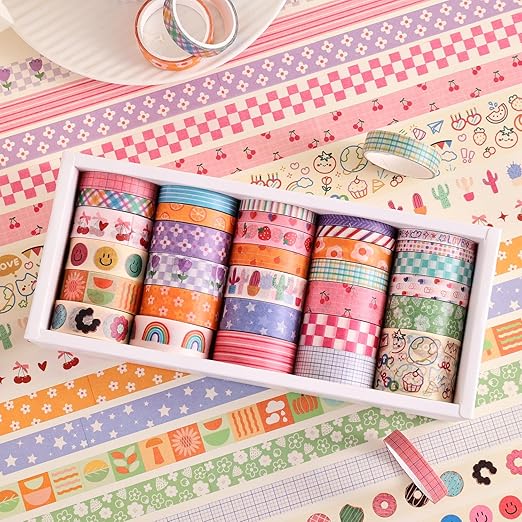32 Rolls Colorful Cute Floral Writable Washi Tape Set, Decorative Tapes for Scrapbooking and Journaling, Junk Journal Supplies, Bullet Journaling for Women Girl 5-30mm Wide 9.84ft Long/Roll