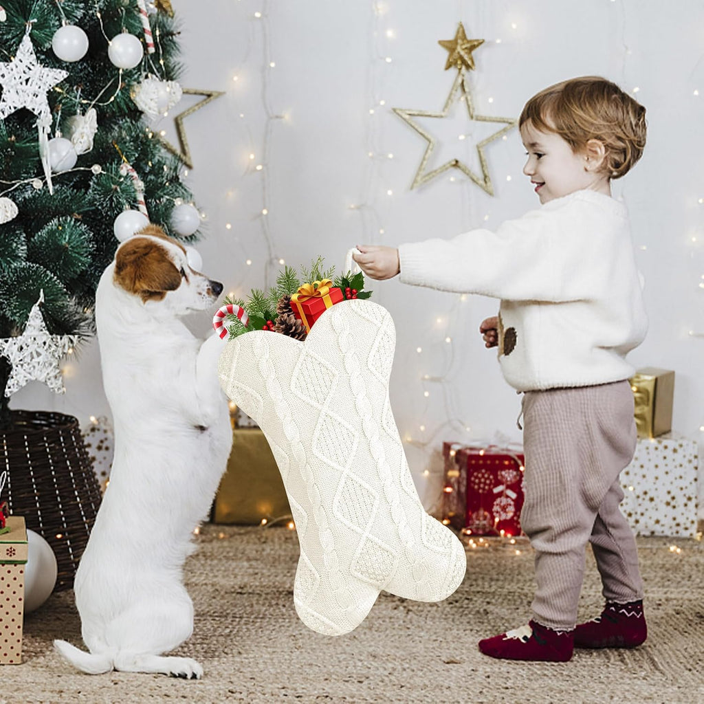 GOYOSWA 2 Pack Dog Christmas Stocking, 18 Inch Large Double Side Knitted Christmas Stocking for Dogs, Bone Shaped Hanging Dog Stockings for Dogs Pets (White & White)
