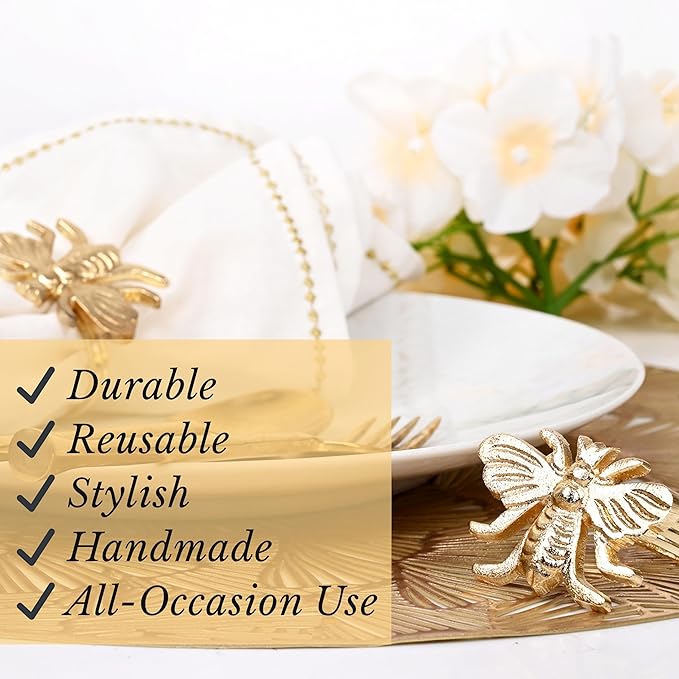 Gold Napkin Rings Set of 12 - Elegant Bee Napkin Rings with Sturdy Lightweight Metal Design - Durable & Versatile for Table Settings, Special Occasions, Decor & Gift Giving Ideas - CLEENTABLE