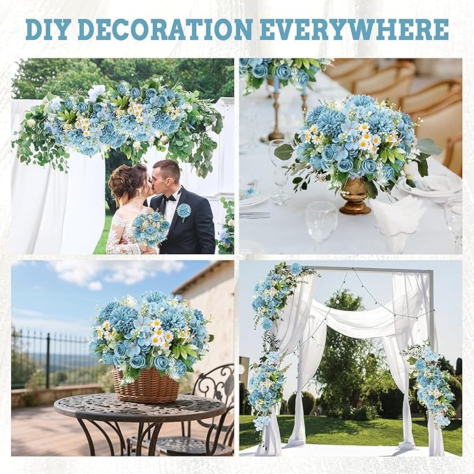 12 Bundles Artificial Flowers Blue Fake Rose Flower Mixed Chrysanthemum Hydrangea Flower Arrangements for DIY Wedding Table Centerpieces Party Baby Shower Home Decorations