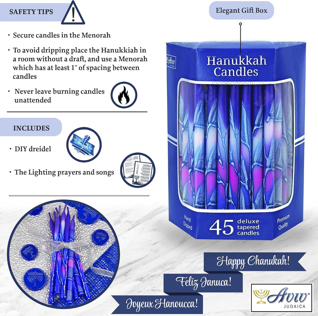 Girls Puprle & Pink Hanukkah Candles Set of 45 Multi-Hued Frosted Thin Tapered Chanukah Candles 1 Hour for Hanukah with DIY Dreidel & Candle Lighting Blessings
