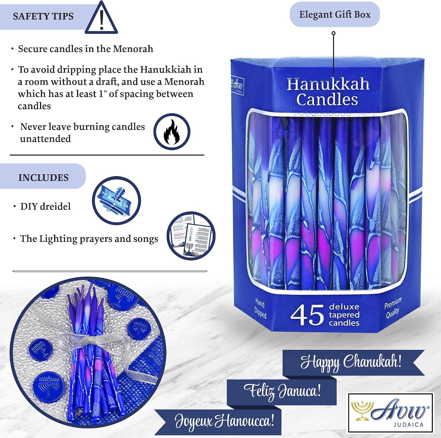 Girls Puprle & Pink Hanukkah Candles Set of 45 Multi-Hued Frosted Thin Tapered Chanukah Candles 1 Hour for Hanukah with DIY Dreidel & Candle Lighting Blessings