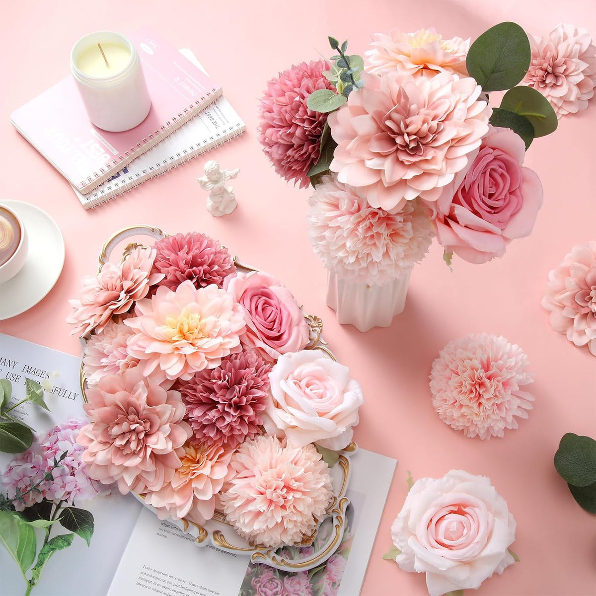 suncalla 98pcs artificial flowers with stems, pink color, close-up detail