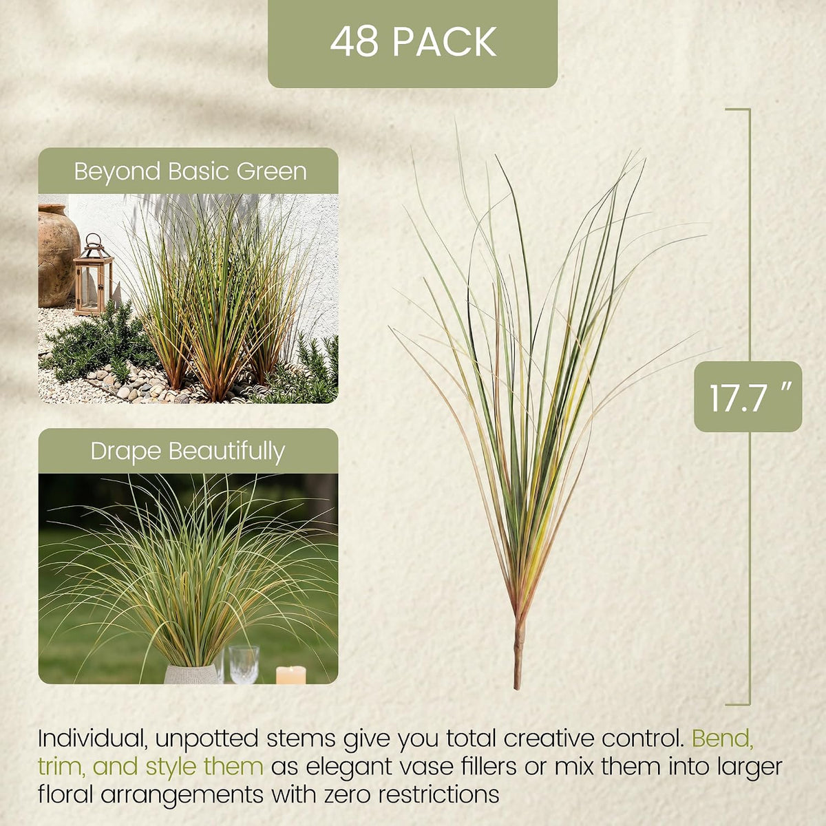 KOL 48 PCS Artificial Onion Grass Stems 17.7in Bulk Faux Greenery