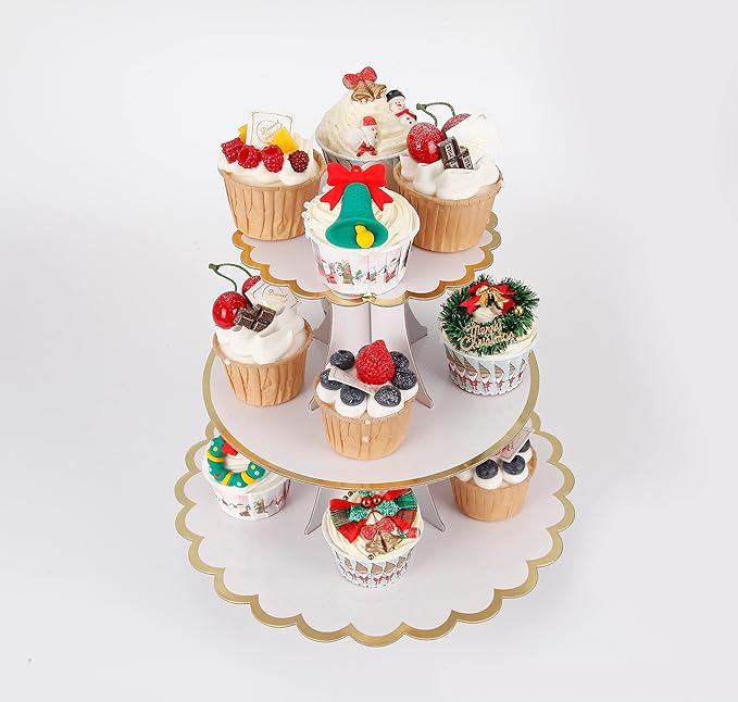 3-Tier Cupcake Stand, Lace Trim Cake Stand Holder, Tiered DIY Cupcake Stand Tower for Dessert Table Displays, Birthday Theme Party Favors Decoration, Floral Tea Party, 12" W x 12.8" H, White
