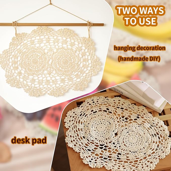 2-Pack Vintage Lace Placemats - 10x14 Inch French Crochet Lace Doilies, Handmade Embroidered Oval Table Mats for Dining, Tea Party, Wedding Decor, Furniture and Home Decoration (Beige)