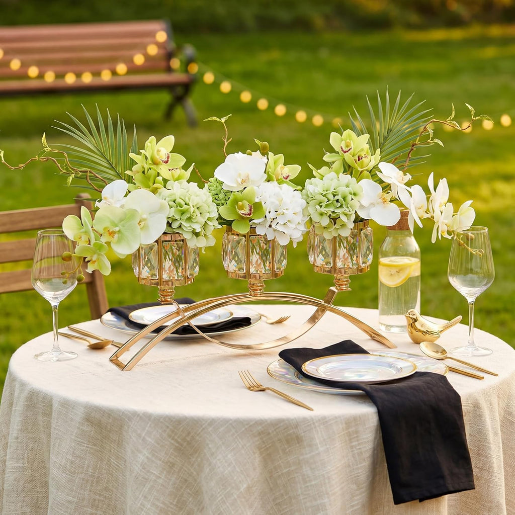 3 Arms Crystal Candle Holders, Arch Candlestick Table Candelabras Centerpieces for Wedding, Dinning Room, Cabinet Ornaments, Home Decoration， Gift (Gold, 2 Pcs-3 Arm Arched)
