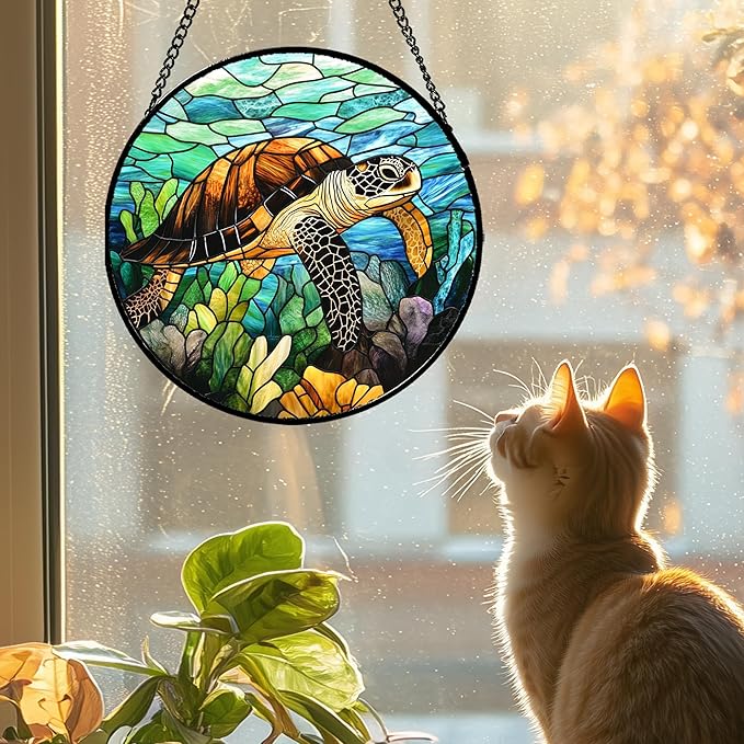 Stained Glass Window Hanging - Cute Sea Turtle Suncatcher for Door Garden Yard Blue Ocean Sun Catchers Decor Christmas Mother's Day Birthday Children's Gifts for Women Mom Nana Friend 9.8 in