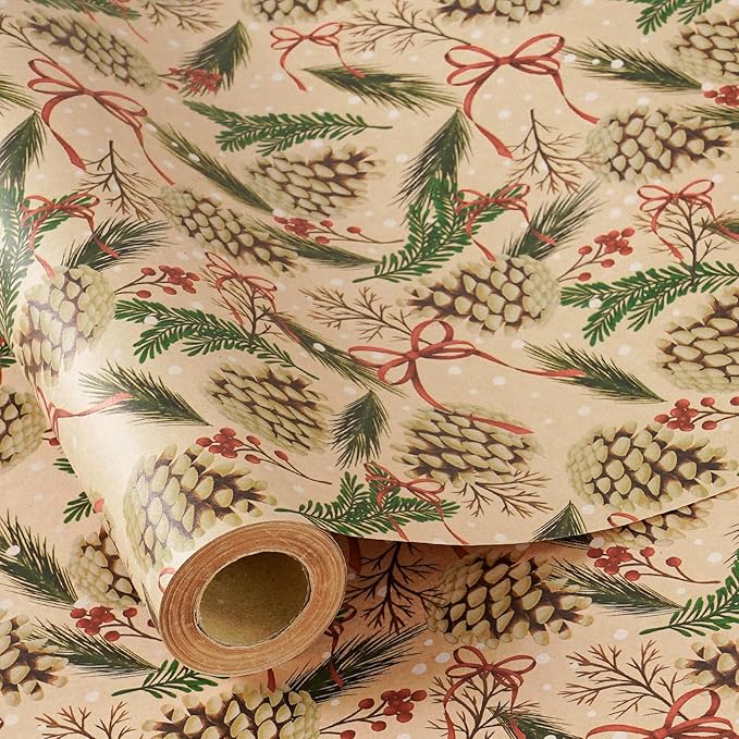 RUSPEPA Kraft Christmas Wrapping Paper Roll, Mini Roll, Pinecone and Greenery Design with Red Bow and Snowflake, Kraft Gift Wrap Paper for Christmas, Holiday, Winter Party, 17 Inches x 16.4 Feet