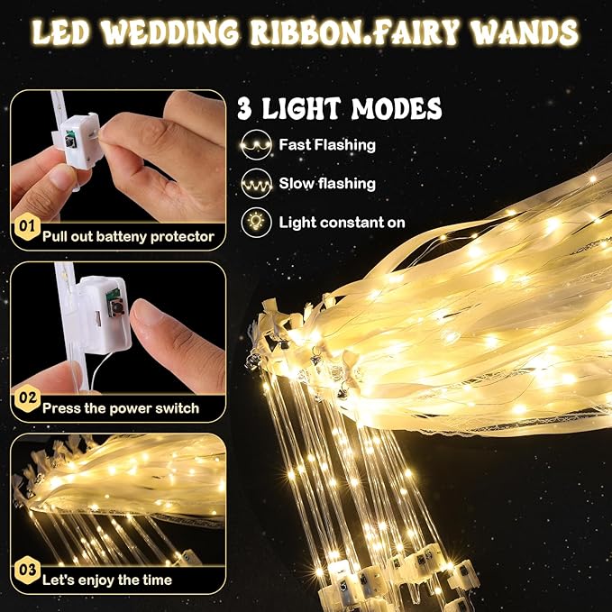 50 Pcs Wedding Wands Ribbon Streamers with 3 Colorful Flashing Modes, Light up LED Silk Fairy Wands, Glow Lace Stick with Bells for Wedding Reception, Graduation, New Year, Birthday Party (Warm White)