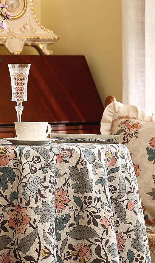 ISAENNE Designer Boho Floral Small Round Tablecloth,Linen Lotus Flower Pattern Colorful Table Cloth,Durable Decor Tablecloths for Dining Thanksgiving Kitchen Christmas,Diameter 55"-Hazel A