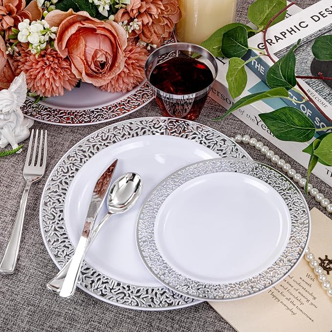 WELLIFE 210pcs Dinnerware Set - Silver Rimmed Plastic Plates Disposable Heavy Duty, Disposable Plastic Plates with Silver Rim, Water-proof, Break-proof, Best Choice for Any Party
