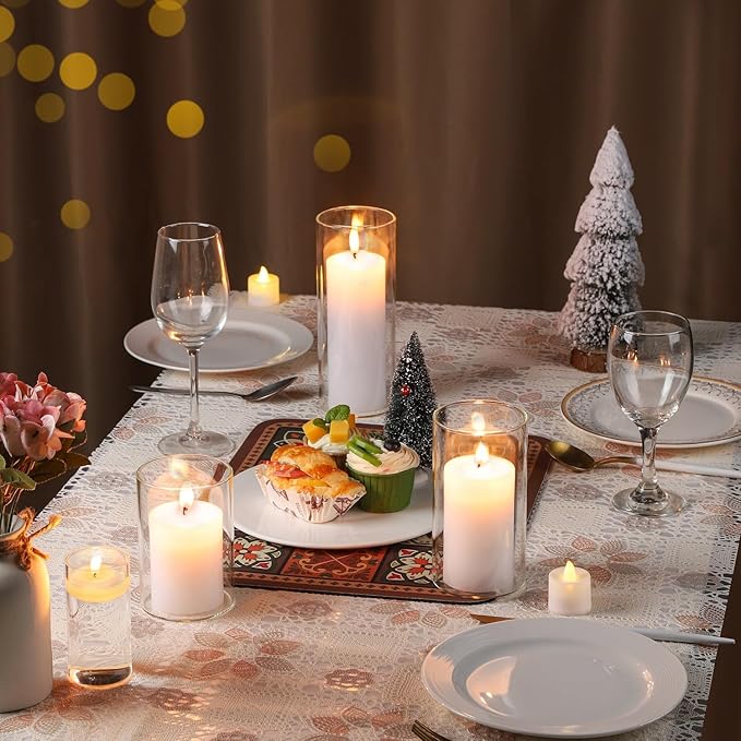 UDU 24 Pcs White Pillar Candles and Glass Cylinder Vases, Hurricane Pillar Candle Holder Vases for Wedding Centerpieces Table Party Home Decor(3.2" X 4.7", 6", 8")