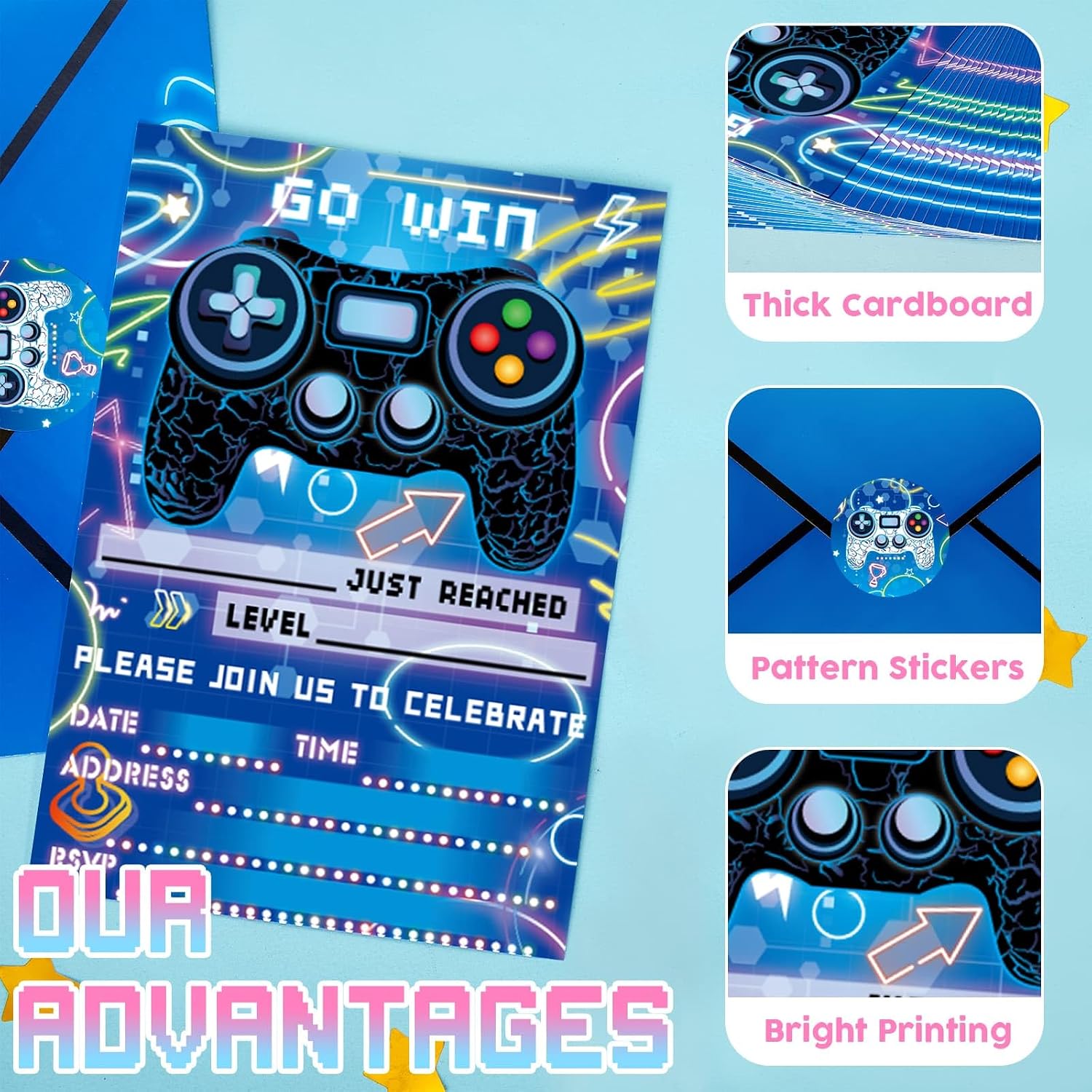 WERNNSAI Video Game Party Invitation - 24 Set Fill-in Blue Gaming Birthday Invitation Cards with Envelopes Sticker for Boys Kids Double-Sided Printed Game On Invitations for Celebration Party Supplies