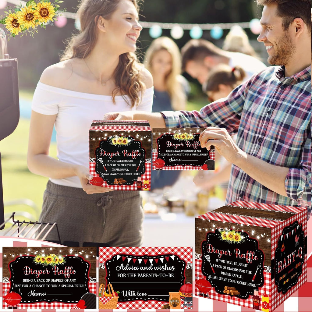 Teling 51 Pieces Diaper Raffle Tickets with Card Box Baby Shower Decorations Gender Reveal Holder Box for Girl Boy Diaper Raffle Party (BBQ Style)