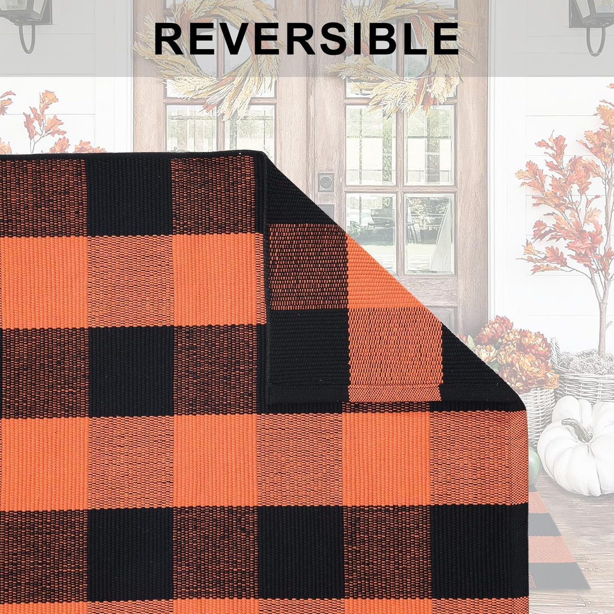 Orange and Black Plaid Rug, 3' x 5' Fall Outdoor Front Door Decor Mat...