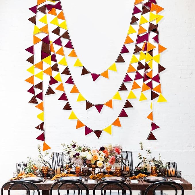 Fall Party Decoration Orange Yellow Brown Burgundy Felt Hanging Triangle Mini Bunting Pennant Banner Flag for Autumn Thanksgiving Harvest Birthday Wedding Baby Shower Party Classroom Nursery Decor
