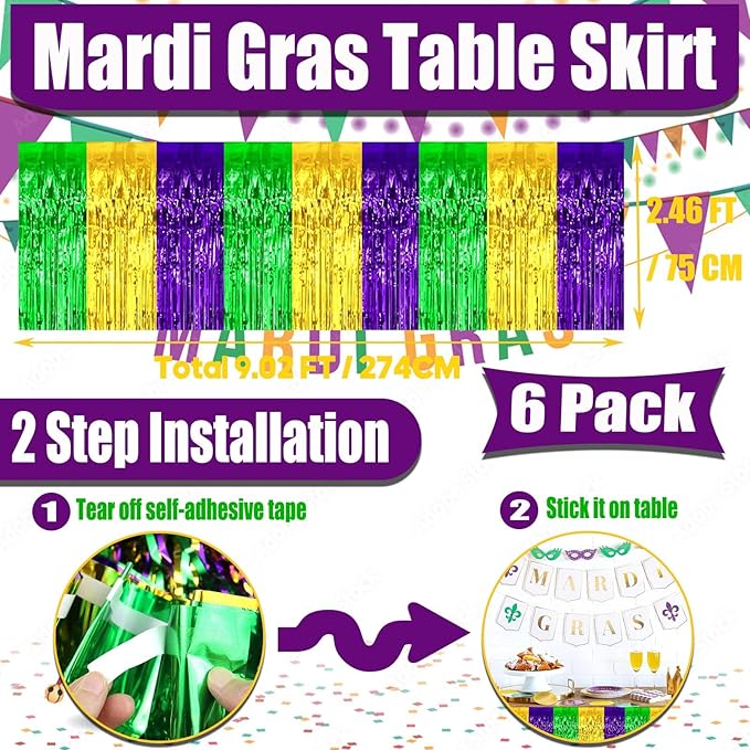 6 Pack 29x108 Inch Mardi Gras Metallic Foil Fringe Tinsel Table Skirts for Rectangle Tables Streamer Backdrop for Wedding, Birthday, Parade Floats, Carnival Party Decoration Gold Green Purple