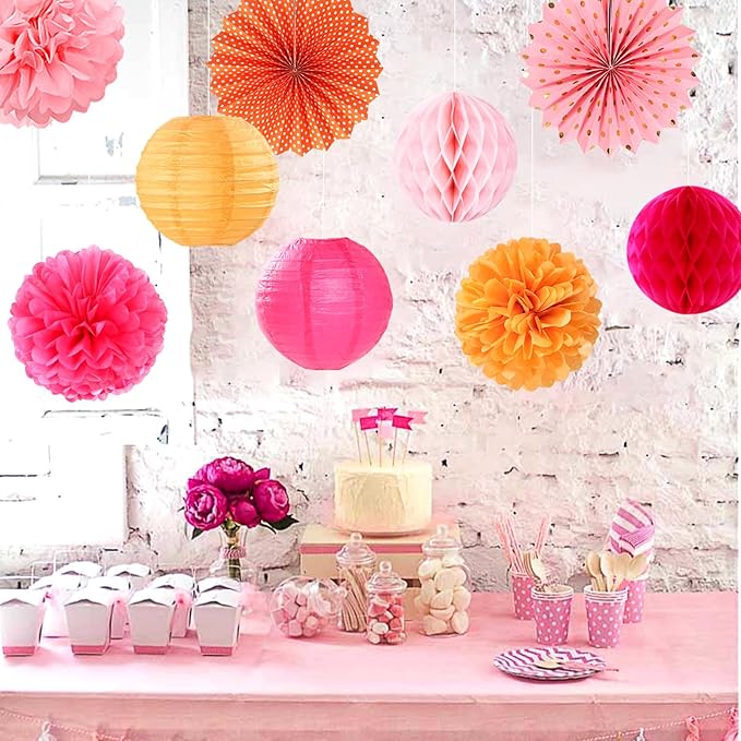 Hot-Pink Burnt-Orange Party-Decorations Streamers Lanterns - 14pcs Fall Birthday Baby Shower Paper Honeycomb Fan,Tissue Pom Poms, Autumn Thanksgiving Bridal Wedding Graduation Decor Ouruola