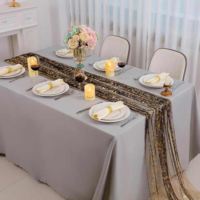 Snowkingdom 10 Pcs Black & Gold Cheesecloth Table Runner 10 FT, Sheer Chiffon Sparkle Gauze Mesh Runners 120 Inch, Glitter Table Centerpieces Decoration for Birthday Party Wedding Christmas Halloween