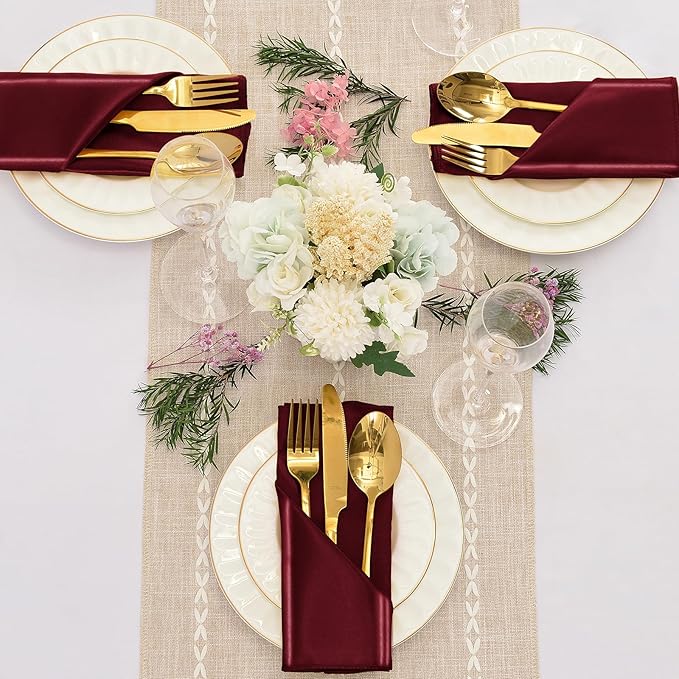50 Pieces Burgundy Satin Napkins, 17" x 17" Square Table Napkins, Silky Soft Smooth Washable Napkins for Restaurant, Weddings, Dinner, Party Decoration