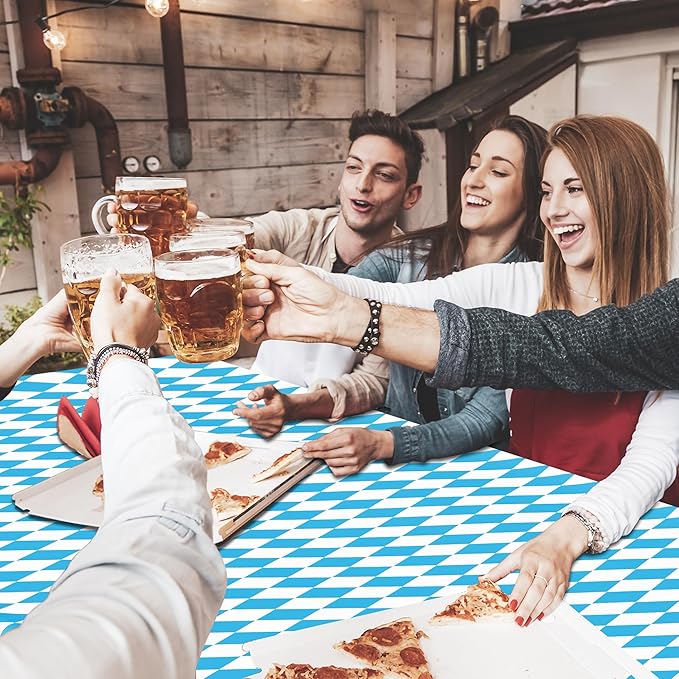 4 PCS Oktoberfest Decoration, 54 X 108 IN Blue White Checkered Plastic Oktoberfest Tablecloth, Disposable Rectangular German Theme Table Supplies, Bavarian Tablecover, Beer Tablecloth for Party Picnic