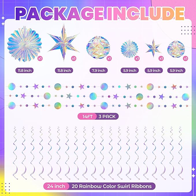 BTSD-home 29 Pcs Iridescent Party Decorations with Hanging Honeycomb Ball Decorative Paper Fan Snowflake Hexagonal Star Garlands Ribbons Birthday Wedding Graduation Bachelorette Disco Party Supplies