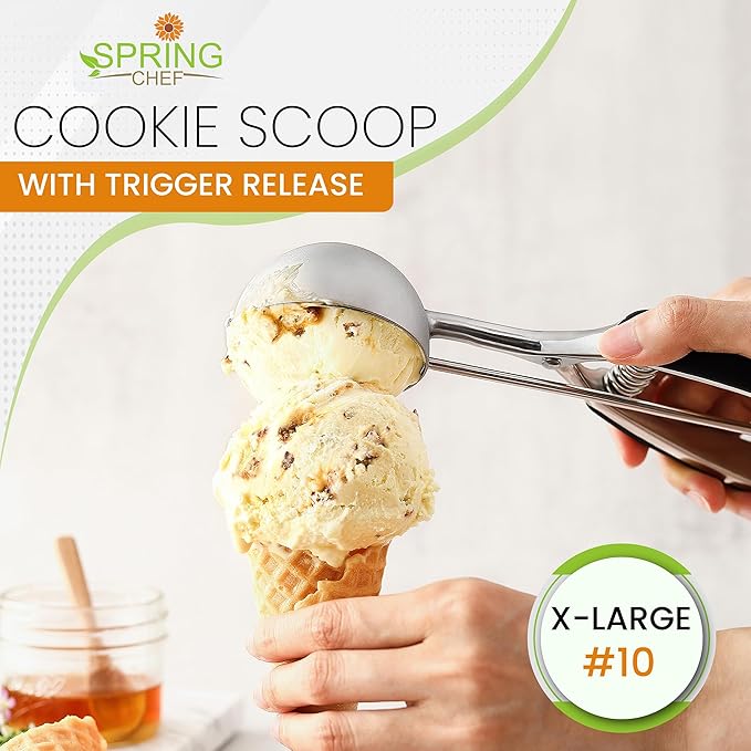 Spring Chef Extra Large Cookie Scoop, 18/8 Stainless Steel Melon Baller Scoop, Spring Loaded Trigger Release for Cookie Dough, Ice Cream, Meatball, Cupcake, 5.5 tablespoon (tbsp) portion, #10, Black