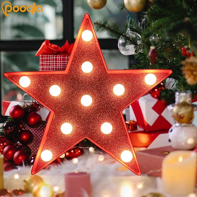 Pooqla Star Marquee Lights, Glitter LED Marquee, Red Light Up Star - Battery Powered Night Light for Birthday Party, Wedding, Christmas Decoration