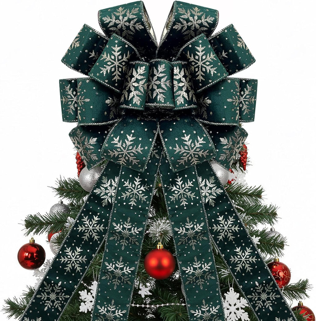 Christmas Tree Topper Bow,48''x 13'' Large Velvet Christmas Wreath Bows Xmas Ornaments with Long Streamer Wired Edge Ribbon for Christmas Decoration (Green)