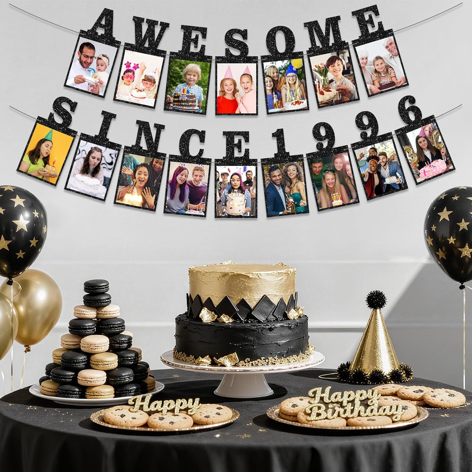 Pre-strung Awesome Since 1996 Photo Banner Birthday Decorations for Her Him- Black Glitter 30th Birthday and Anniversary Decorations Party Supplies for Women Men
