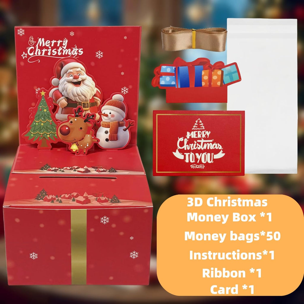 JINSTABAG Christmas Money Box for Cash Gift Pull, 3D Money Pull Box with Card and Transparent Bags, Fun Christmas Party Gifts for Boys Girls Kids Adult (Red)