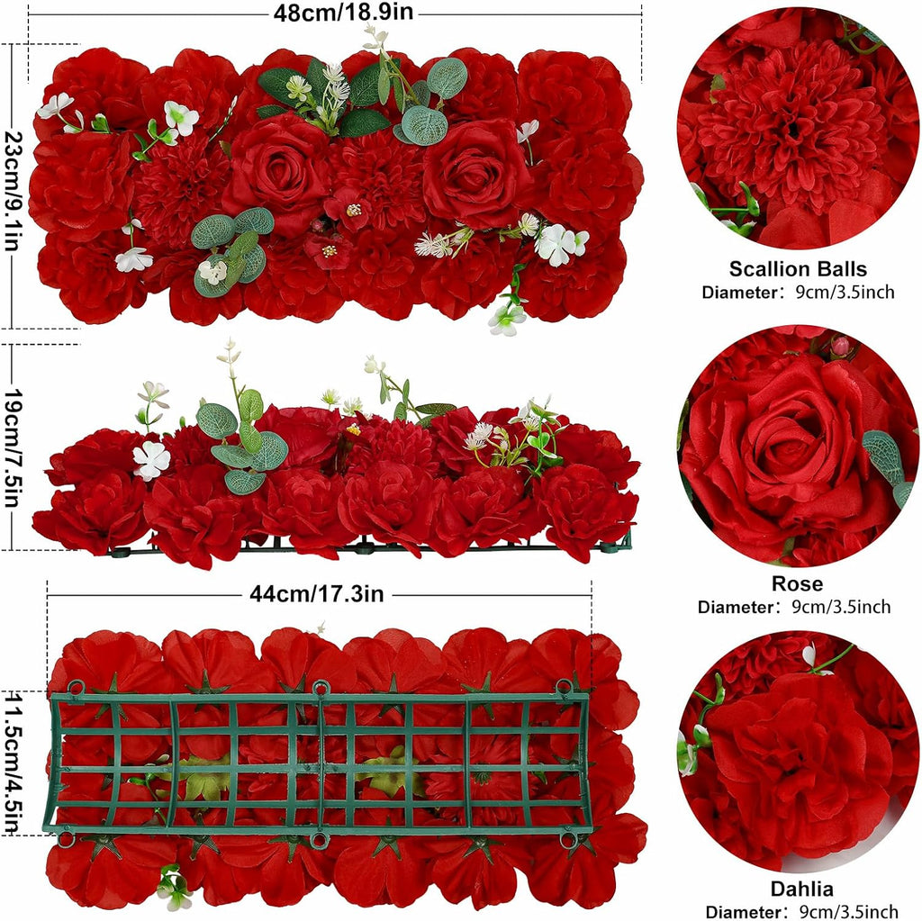 Wedding Arch Flowers 12PCS Artificial Red Wedding Arch Flowers, Faux Floral Panels with Green Leaves, Realistic Flower Swags for Wedding Ceremony Backdrop, Party, Table & Home Decor