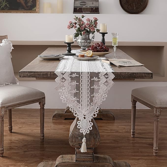 patdrea Designer Vintage White Lace Table Runner,Crochet Decorative Table Covers,Chiffon Embroidered Tasseled Table Runners, Cutwork Dresser Runners,Christmas Wedding Party Bridal 16x102 Inches Long